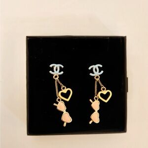CHANEL Gold Pink Heart Drop Dangle Earrings